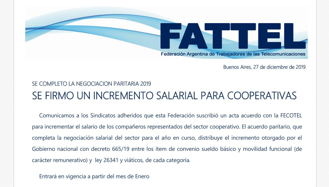 SE FIRMO UN INCREMENTO SALARIAL PARA COOPERATIVAS