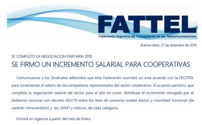 SE FIRMO UN INCREMENTO SALARIAL PARA COOPERATIVAS